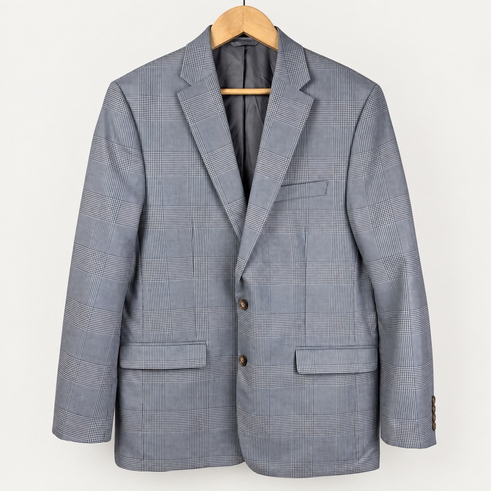 Lauren Ralph Lauren Blue Gray Plaid Silk Wool Sport Coat Blazer Men's 42 Long